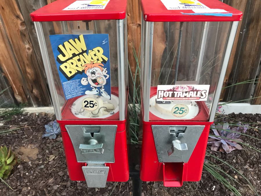 Commercial Grade Double Unit Candy Vending Machines With Metal Base (No Key And One Machine Missing Swing Door) [Photo 2]