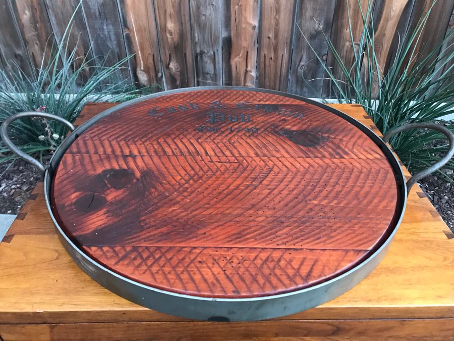 Large Metal Handled Wooden Tray With Cask & Crown Pub Advertising On Top [Photo 3]