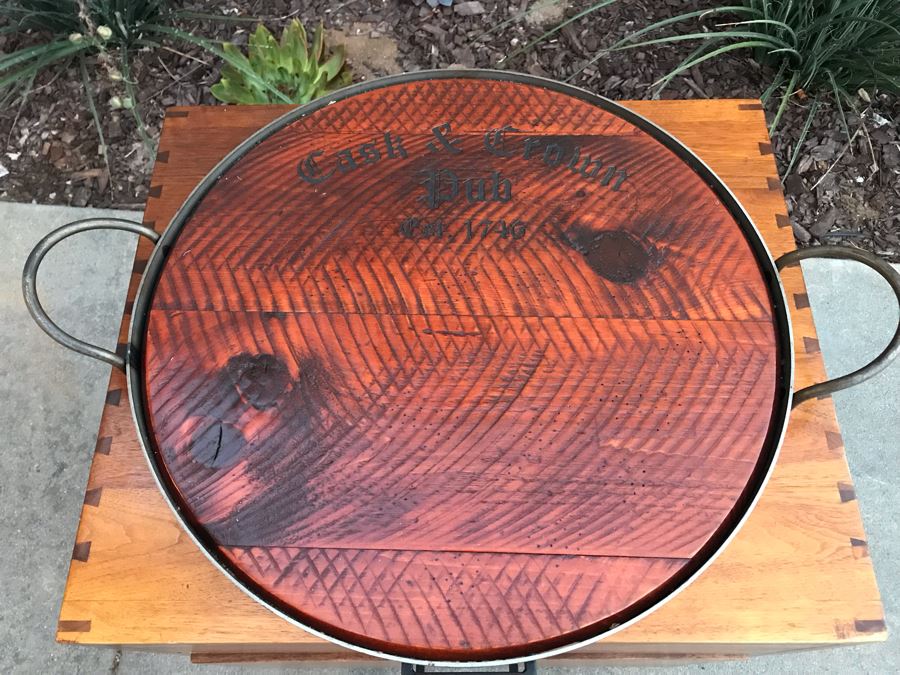 Large Metal Handled Wooden Tray With Cask & Crown Pub Advertising On Top [Photo 5]
