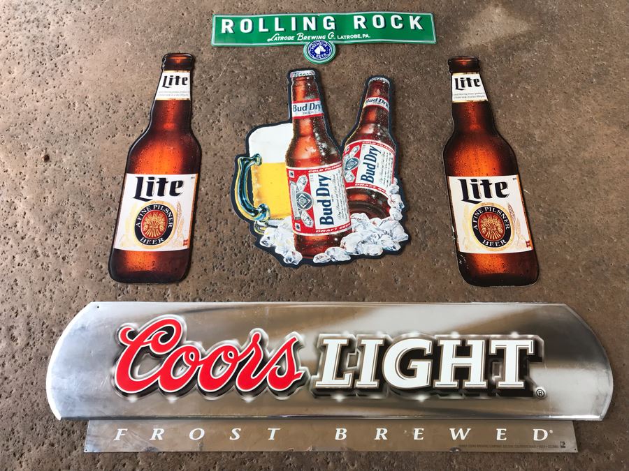 (5) Metal Wall Beer Advertising Signs For Bars Coors Light, Miller Lite, Bud Dry And Rolling Rock [Photo 1]