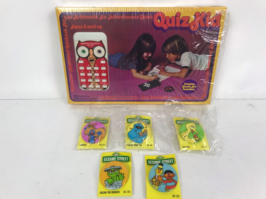 Vintage National Semiconductor Quiz Kid Calculator Game In Box (NOS But Seal Broken) And Collection Of (5) Sesame Street Buttons