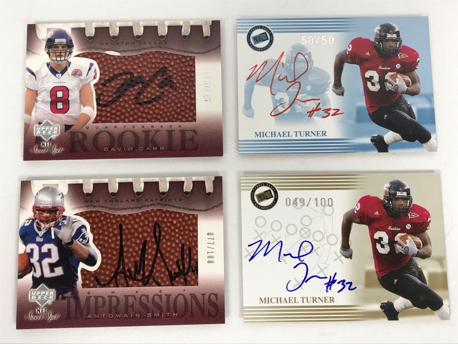 Signed Football Cards By: (2) Michael Turner, David Carr Rookie And Antowain Smith [Photo 1]