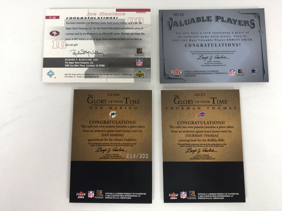 Game Worn Jersey Football Cards: Dan Marino, Joe Montana, Emmitt Smith and Thurman Thomas [Photo 6]