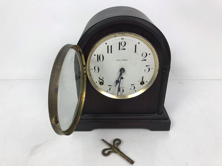 Antique Seth Thomas Wooden Mantle Mechanical Clock With Key Working Smooth Movement [Photo 5]