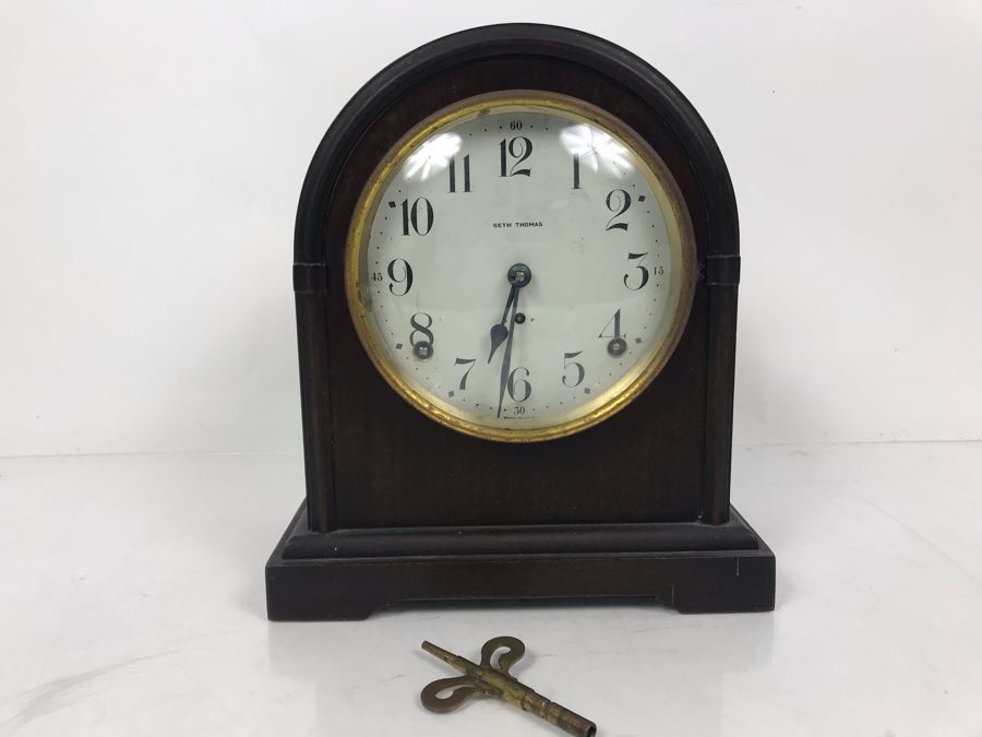 Antique Seth Thomas Wooden Mantle Mechanical Clock With Key Working Smooth Movement [Photo 3]