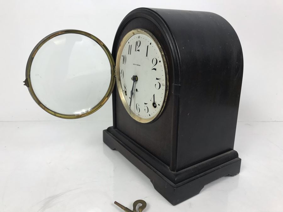 Antique Seth Thomas Wooden Mantle Mechanical Clock With Key Working Smooth Movement [Photo 8]
