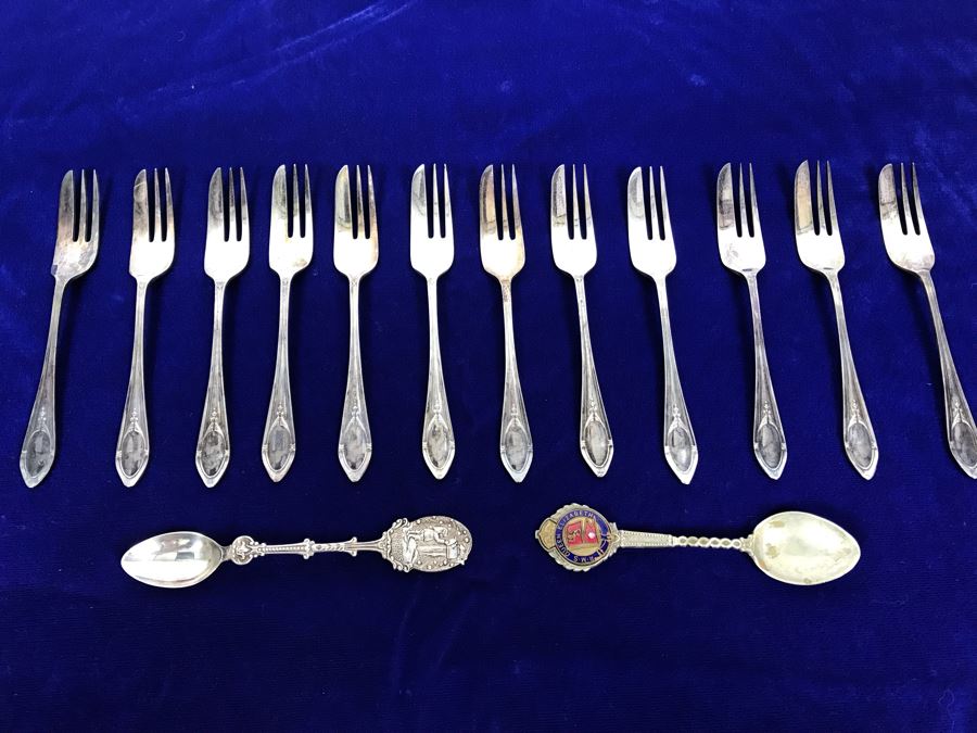 (12) Vintage Mappin & Webb Silverplate Desert Forks And (2) Souvenir Spoons