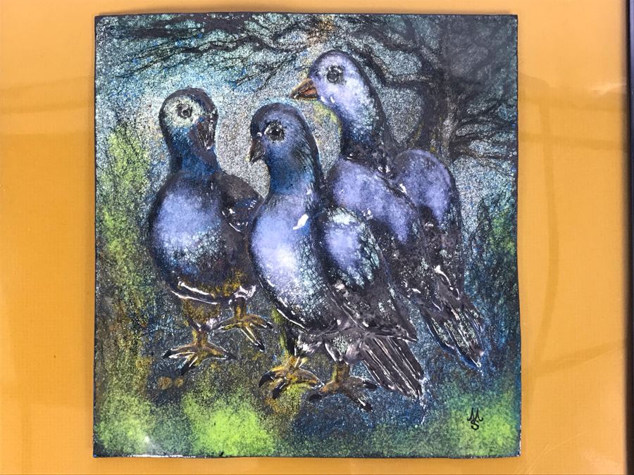 Signed Original Mary Steffgen Enamel On Copper Artwork Of Pigeons Titled 'Conference' 12.5' X 12.5' [Photo 2]