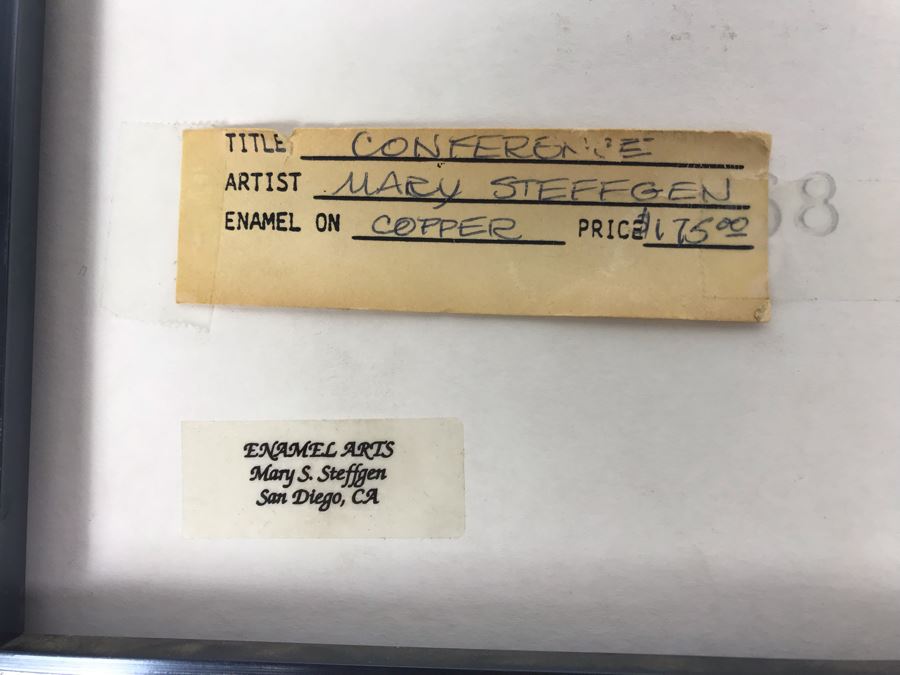 Signed Original Mary Steffgen Enamel On Copper Artwork Of Pigeons Titled 'Conference' 12.5' X 12.5' [Photo 7]