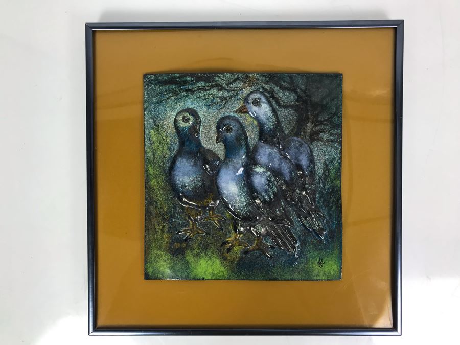Signed Original Mary Steffgen Enamel On Copper Artwork Of Pigeons Titled 'Conference' 12.5' X 12.5' [Photo 1]