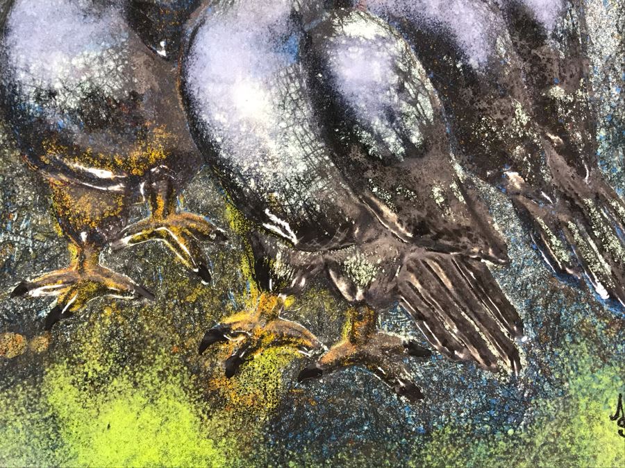 Signed Original Mary Steffgen Enamel On Copper Artwork Of Pigeons Titled 'Conference' 12.5' X 12.5' [Photo 4]