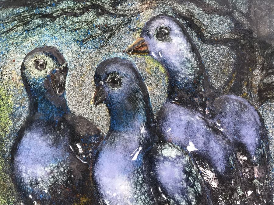 Signed Original Mary Steffgen Enamel On Copper Artwork Of Pigeons Titled 'Conference' 12.5' X 12.5' [Photo 3]