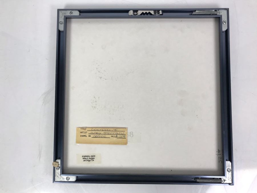 Signed Original Mary Steffgen Enamel On Copper Artwork Of Pigeons Titled 'Conference' 12.5' X 12.5' [Photo 6]