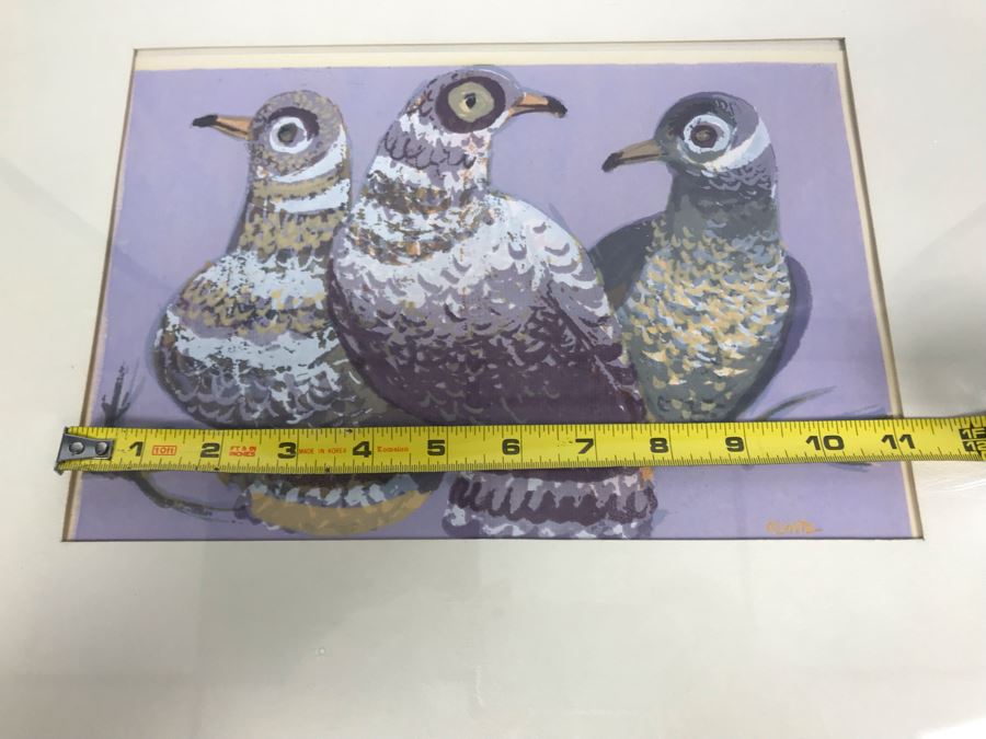 Original Mid-Century Signed Painting Of Pigeons By KUNTZ 11' X 8' [Photo 9]