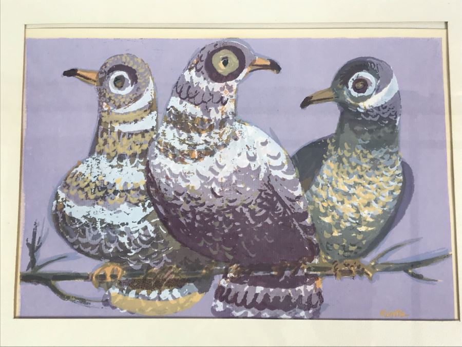 Original Mid-Century Signed Painting Of Pigeons By KUNTZ 11' X 8' [Photo 1]