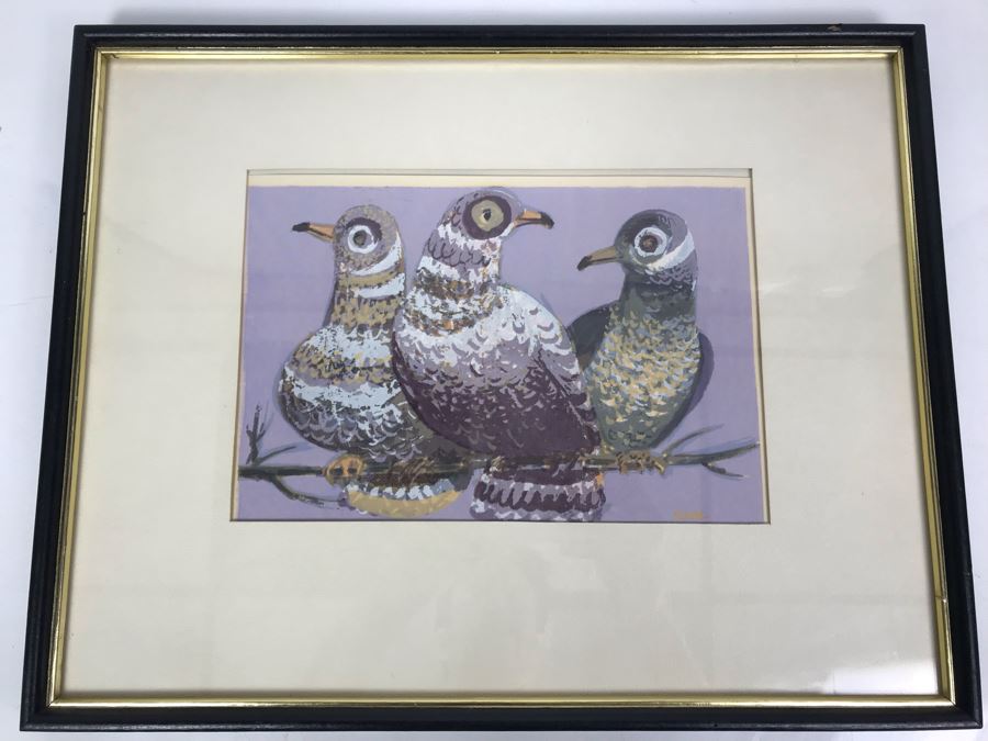 Original Mid-Century Signed Painting Of Pigeons By KUNTZ 11' X 8' [Photo 2]