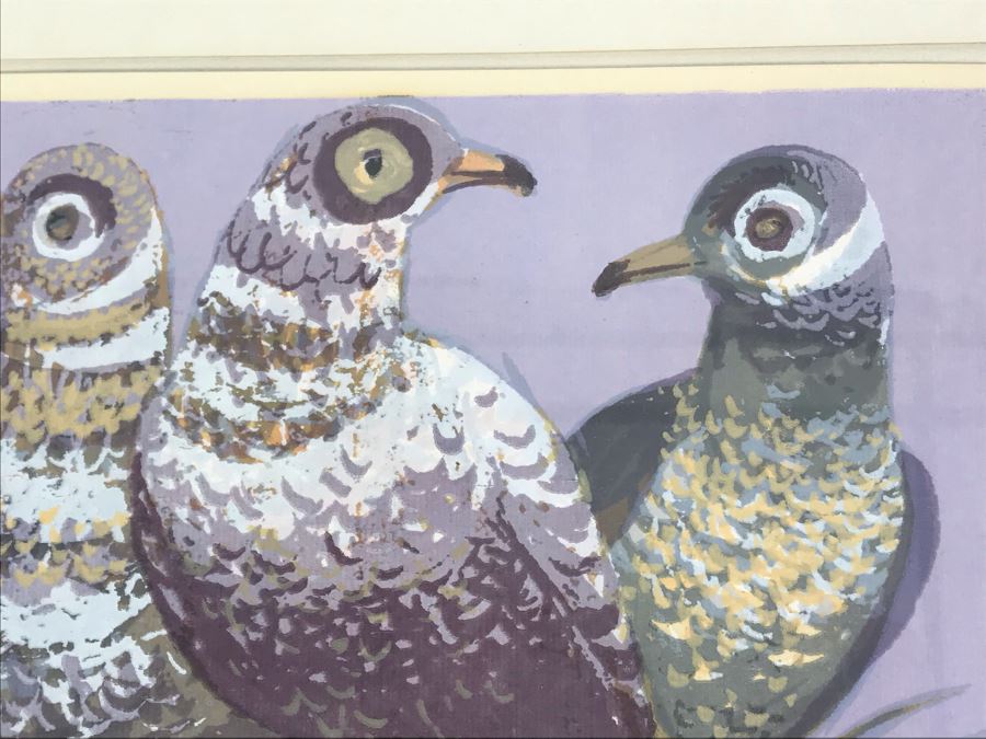 Original Mid-Century Signed Painting Of Pigeons By KUNTZ 11' X 8' [Photo 4]