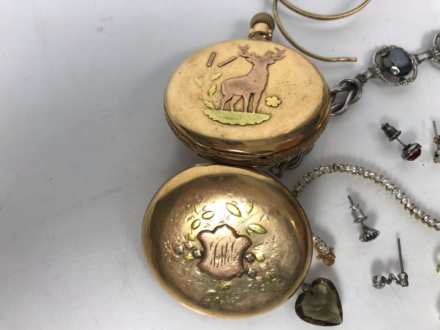 Jewelry Lot With Pocket Watch Case, Vintage Glasses, Bracelets, Necklace And Various Earrings And Loose Gems (Glass, Plastic, Stones) [Photo 4]