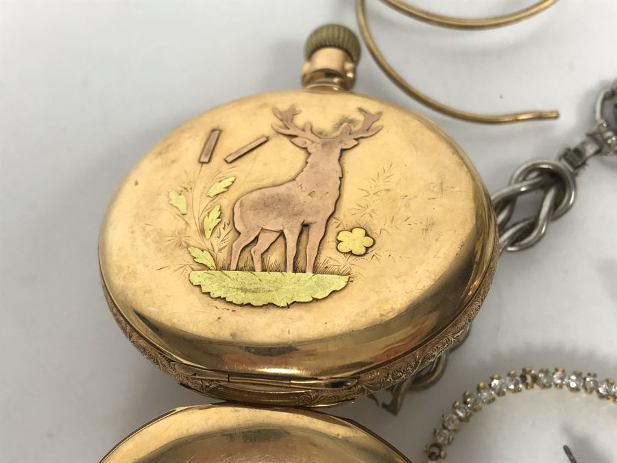 Jewelry Lot With Pocket Watch Case, Vintage Glasses, Bracelets, Necklace And Various Earrings And Loose Gems (Glass, Plastic, Stones) [Photo 6]