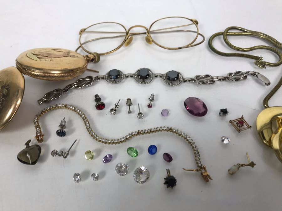 Jewelry Lot With Pocket Watch Case, Vintage Glasses, Bracelets, Necklace And Various Earrings And Loose Gems (Glass, Plastic, Stones) [Photo 22]