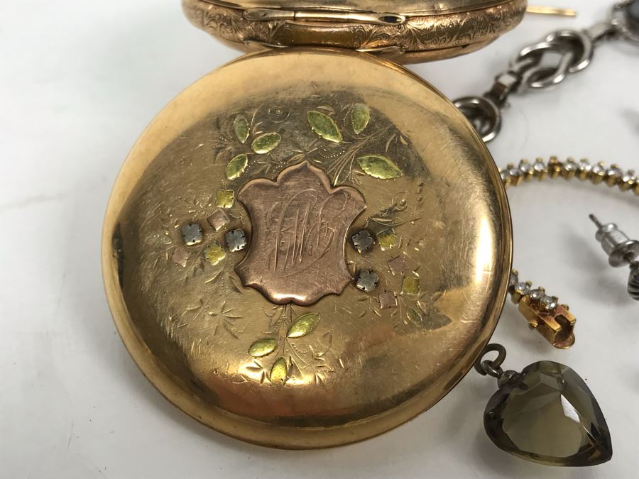 Jewelry Lot With Pocket Watch Case, Vintage Glasses, Bracelets, Necklace And Various Earrings And Loose Gems (Glass, Plastic, Stones) [Photo 5]