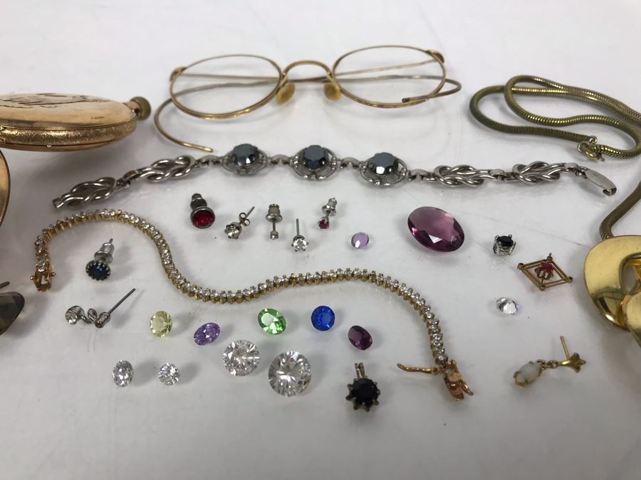 Jewelry Lot With Pocket Watch Case, Vintage Glasses, Bracelets, Necklace And Various Earrings And Loose Gems (Glass, Plastic, Stones) [Photo 1]