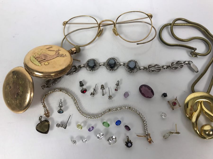 Jewelry Lot With Pocket Watch Case, Vintage Glasses, Bracelets, Necklace And Various Earrings And Loose Gems (Glass, Plastic, Stones) [Photo 23]