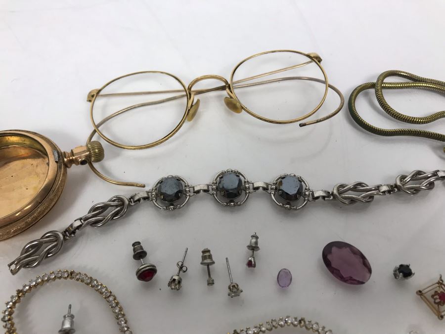 Jewelry Lot With Pocket Watch Case, Vintage Glasses, Bracelets, Necklace And Various Earrings And Loose Gems (Glass, Plastic, Stones) [Photo 19]