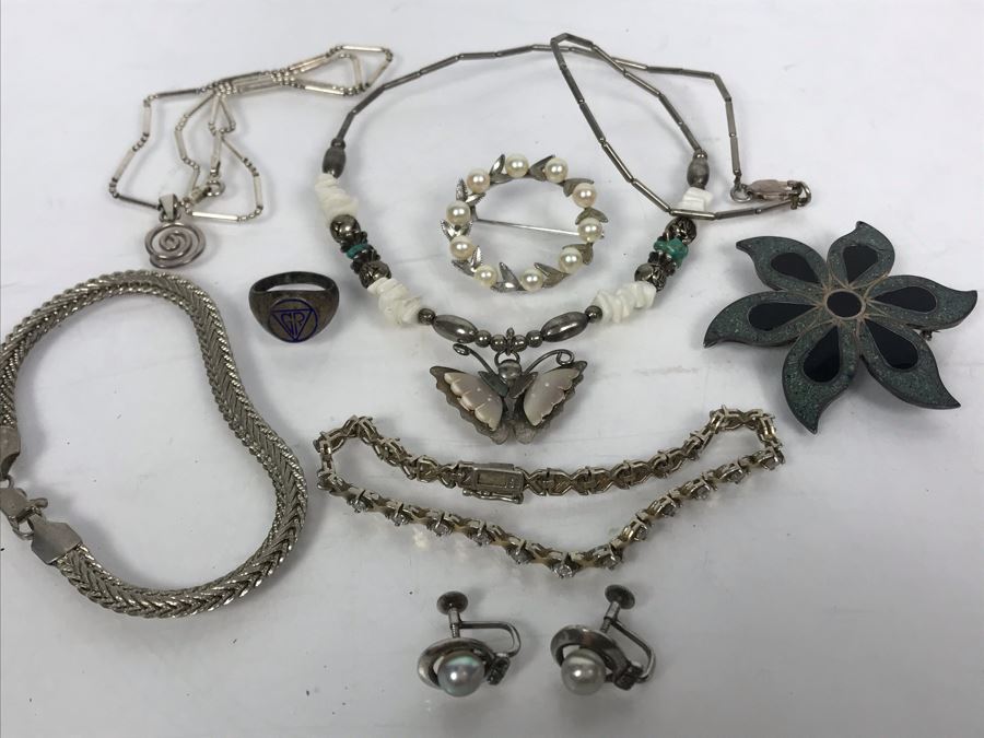 Sterling Silver Jewelry Lot With Bracelets, Brooches, Necklaces, Pearl Earrings And Ring 53.8g