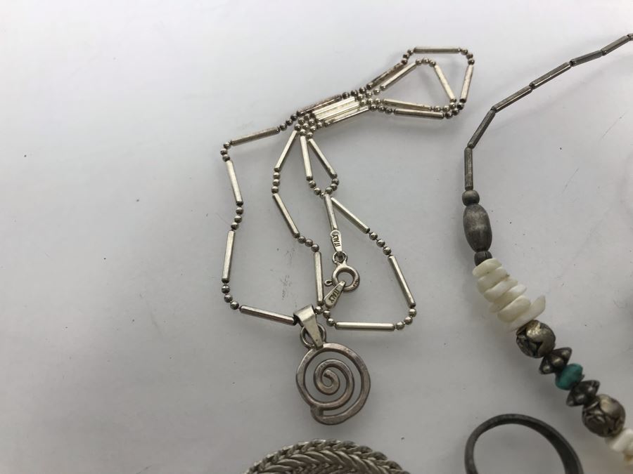 Sterling Silver Jewelry Lot With Bracelets, Brooches, Necklaces, Pearl Earrings And Ring 53.8g [Photo 9]