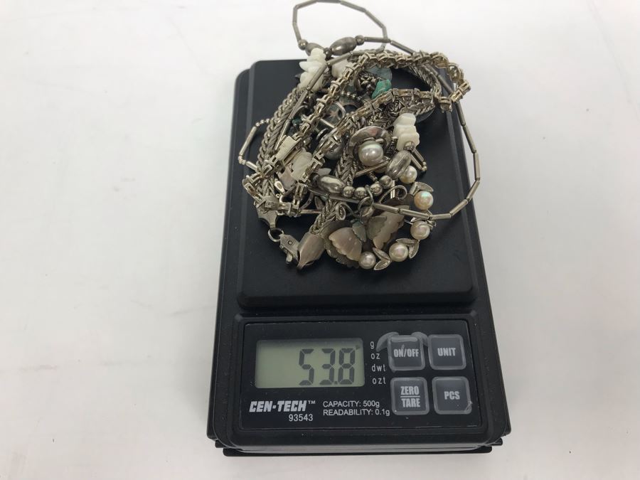 Sterling Silver Jewelry Lot With Bracelets, Brooches, Necklaces, Pearl Earrings And Ring 53.8g [Photo 10]