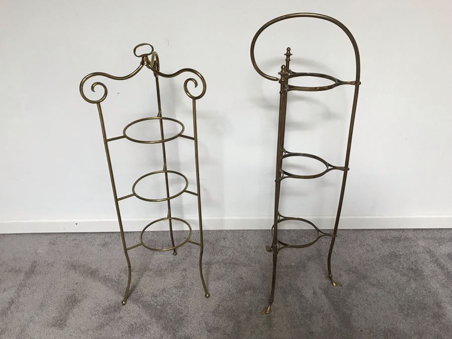 Pair Of Vintage Brass 3-Tier Round Plate Stands [Photo 2]