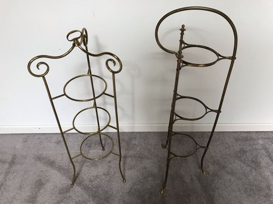 Pair Of Vintage Brass 3-Tier Round Plate Stands [Photo 4]