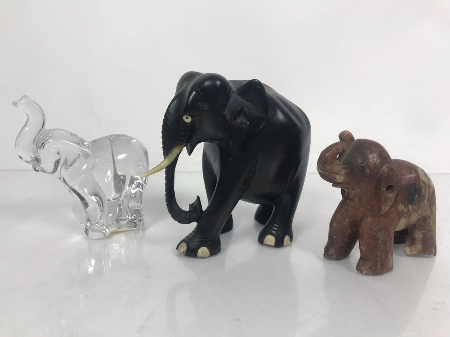 (3) Elephant Figurines: Carved Stone, Carved Wood And LENOX Crystal Elephant [Photo 1]