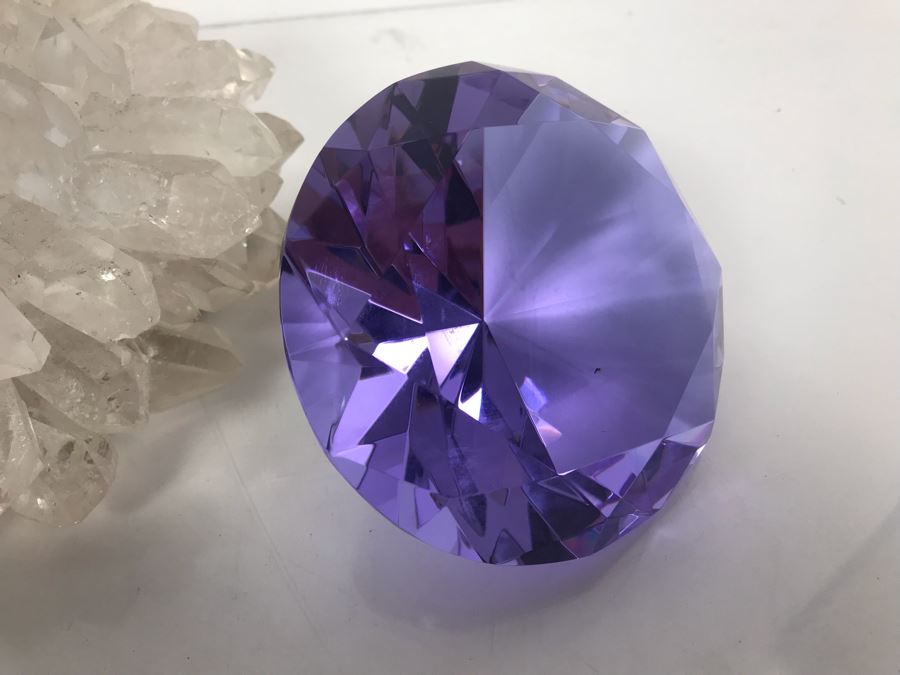 (3) Large Faceted Crystal Gems (1 Clear, 2 Amethyst) And Quartz Candle Holder [Photo 11]