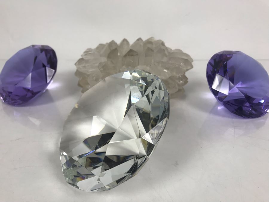 (3) Large Faceted Crystal Gems (1 Clear, 2 Amethyst) And Quartz Candle Holder [Photo 2]