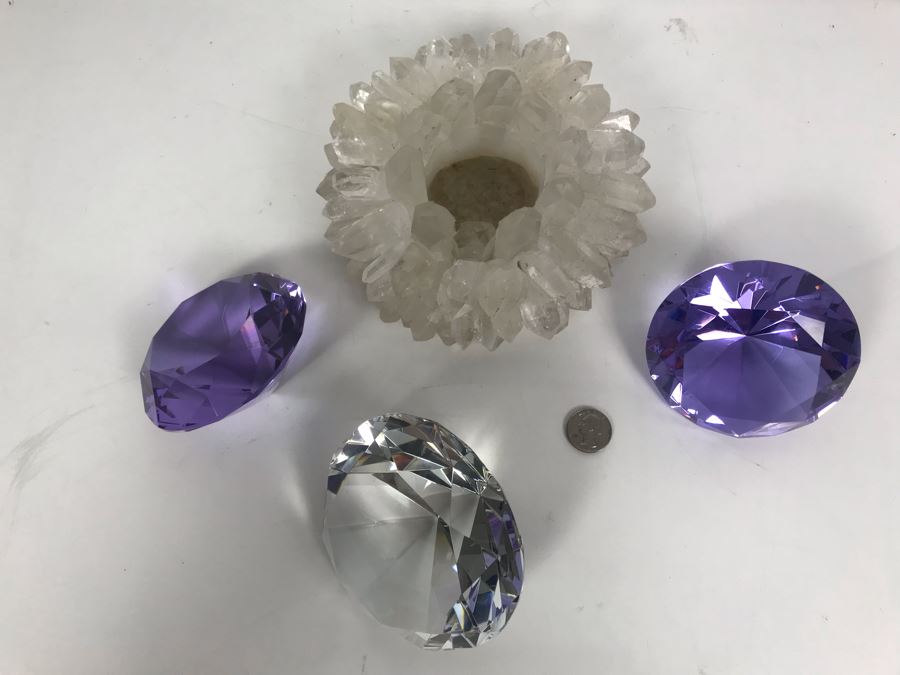 (3) Large Faceted Crystal Gems (1 Clear, 2 Amethyst) And Quartz Candle Holder