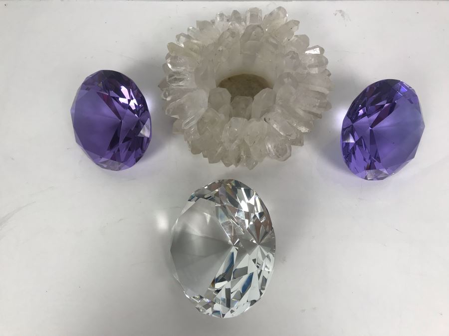 (3) Large Faceted Crystal Gems (1 Clear, 2 Amethyst) And Quartz Candle Holder [Photo 7]