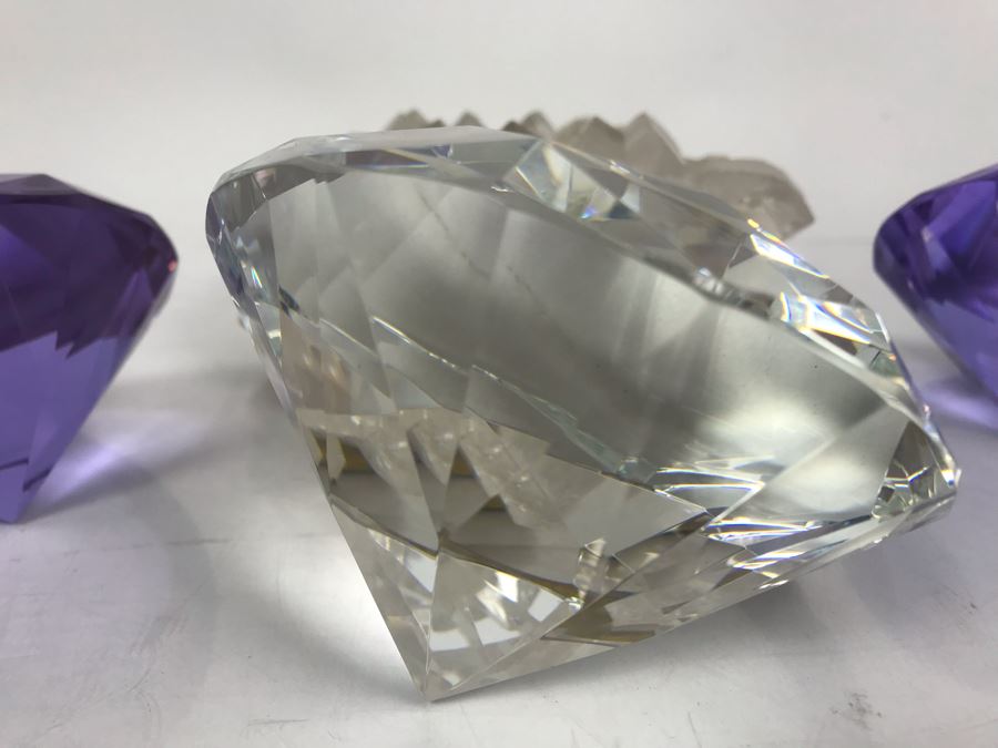 (3) Large Faceted Crystal Gems (1 Clear, 2 Amethyst) And Quartz Candle Holder [Photo 13]