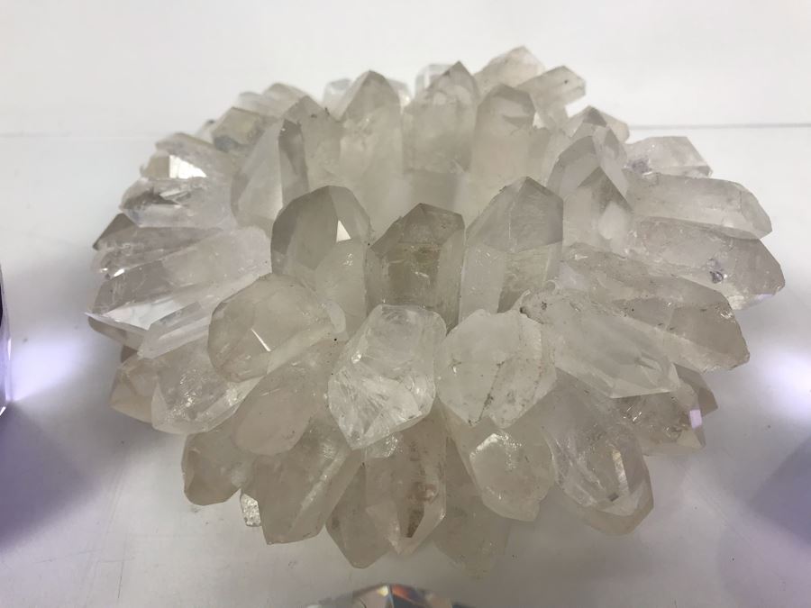 (3) Large Faceted Crystal Gems (1 Clear, 2 Amethyst) And Quartz Candle Holder [Photo 5]