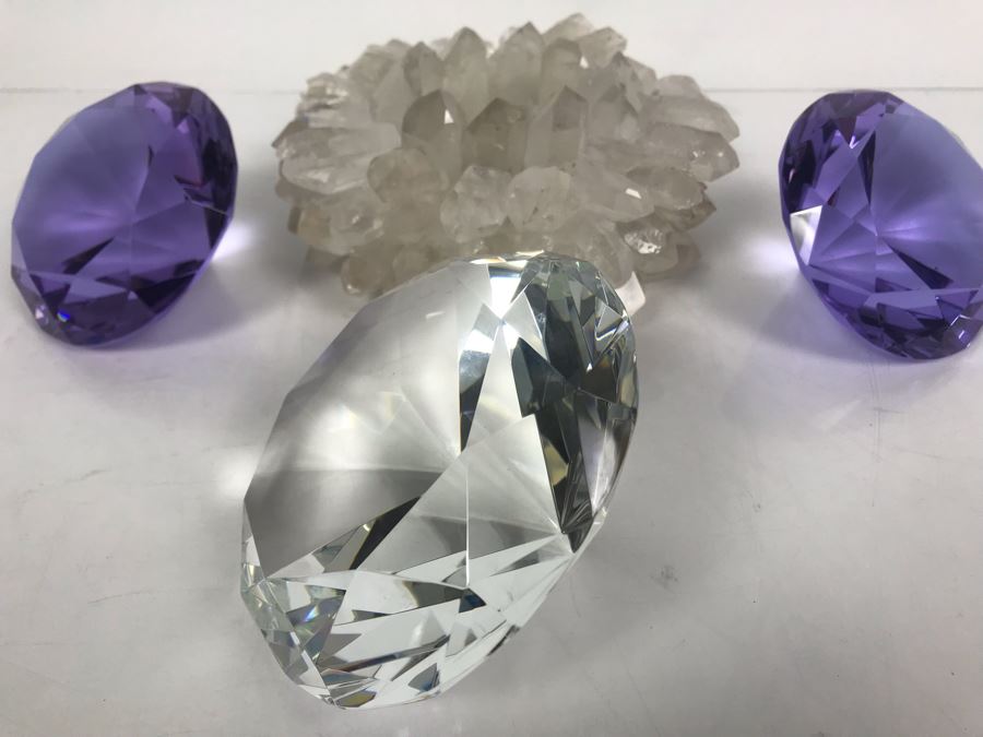 (3) Large Faceted Crystal Gems (1 Clear, 2 Amethyst) And Quartz Candle Holder [Photo 4]