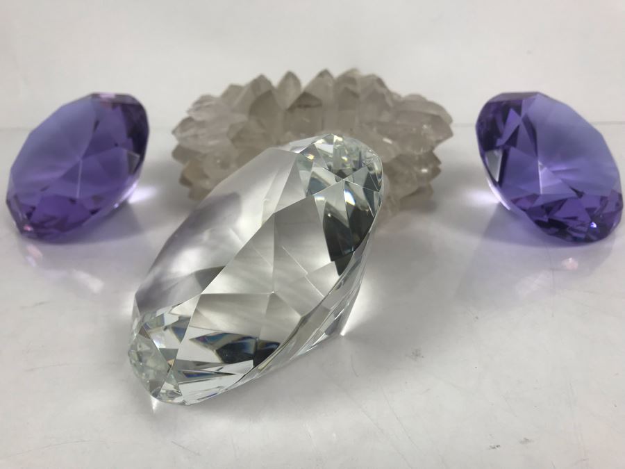 (3) Large Faceted Crystal Gems (1 Clear, 2 Amethyst) And Quartz Candle Holder [Photo 3]