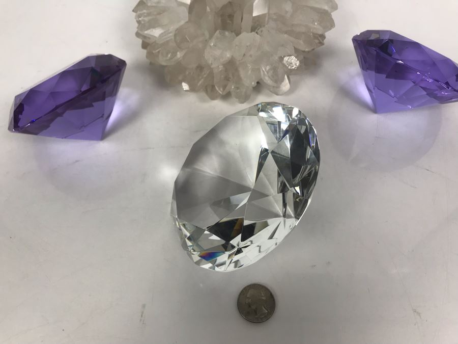 (3) Large Faceted Crystal Gems (1 Clear, 2 Amethyst) And Quartz Candle Holder [Photo 16]