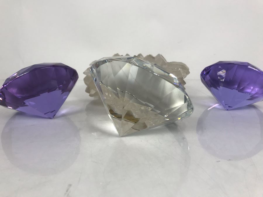 (3) Large Faceted Crystal Gems (1 Clear, 2 Amethyst) And Quartz Candle Holder [Photo 12]
