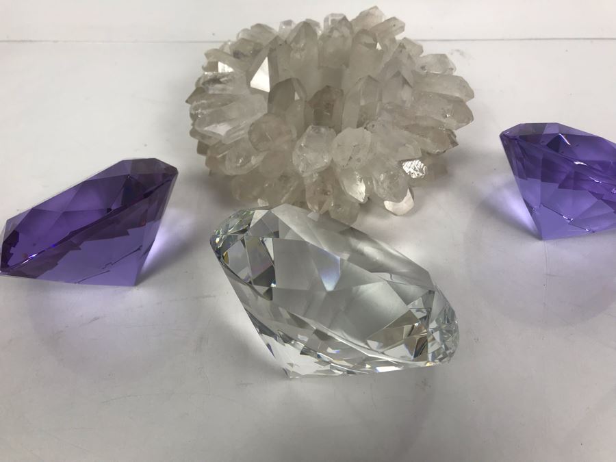 (3) Large Faceted Crystal Gems (1 Clear, 2 Amethyst) And Quartz Candle Holder [Photo 14]