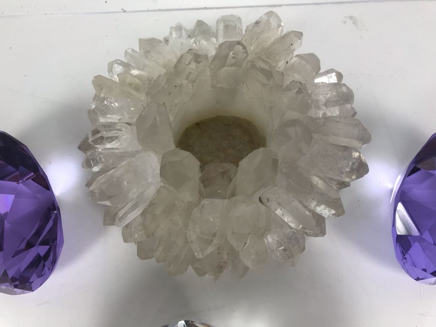 (3) Large Faceted Crystal Gems (1 Clear, 2 Amethyst) And Quartz Candle Holder [Photo 9]