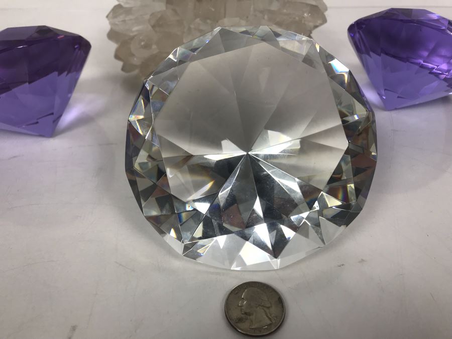 (3) Large Faceted Crystal Gems (1 Clear, 2 Amethyst) And Quartz Candle Holder [Photo 15]