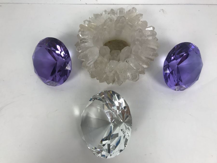 (3) Large Faceted Crystal Gems (1 Clear, 2 Amethyst) And Quartz Candle Holder [Photo 6]