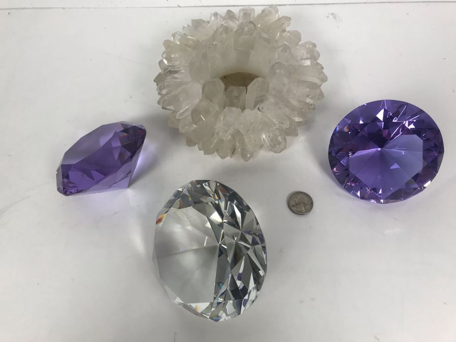 (3) Large Faceted Crystal Gems (1 Clear, 2 Amethyst) And Quartz Candle Holder [Photo 17]