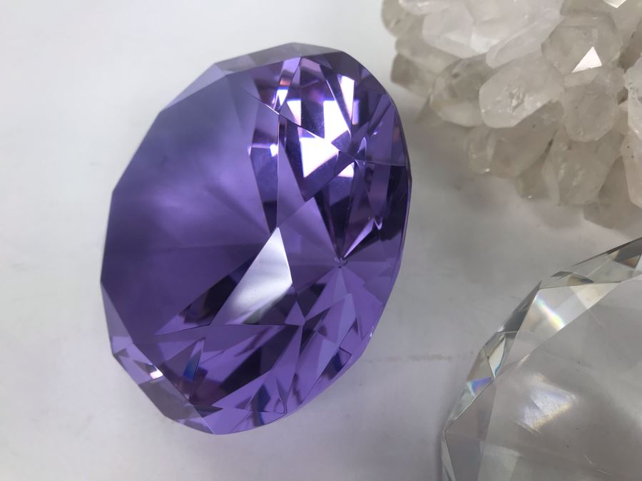 (3) Large Faceted Crystal Gems (1 Clear, 2 Amethyst) And Quartz Candle Holder [Photo 10]